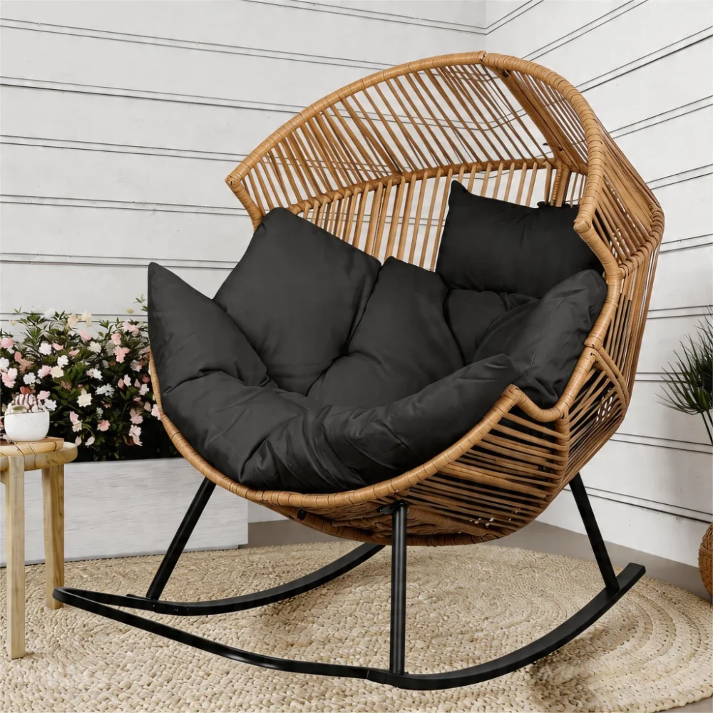 Wicker Egg Chairs, PE wicker, Grey, with cushions