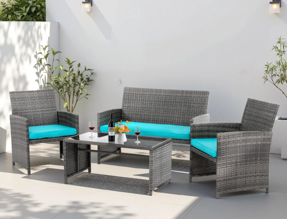 Conversation Sets, seats 4, Wicker, Blue
